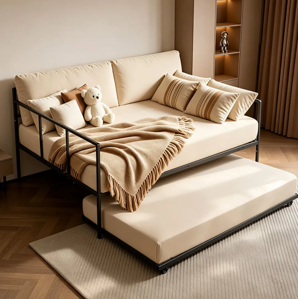 VEVOR Full Size Daybed with Pop Up Trundle Twin Size Metal Day Bed Frame, for Living Room Bedroom Guest Room, Sturdy Metal Design, Space Saving Sofa Bed, 2 Lockable Casters, Easy Assembly, Black