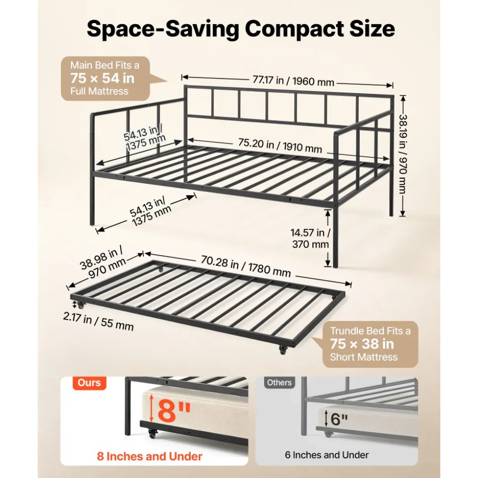 VEVOR Full Size Daybed with Pop Up Trundle Twin Size Metal Day Bed Frame, for Living Room Bedroom Guest Room, Sturdy Metal Design, Space Saving Sofa Bed, 2 Lockable Casters, Easy Assembly, Black