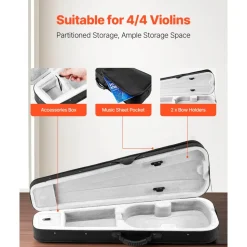 VEVOR 4/4 Full Size Violin Case, Nylon Waterproof, Lightweight Portable Travel Carrying Bag, with Plush Lining, Dual Shoulder Straps, Anti-Scratch, Professional Triangular Shape, for Violin, Black
