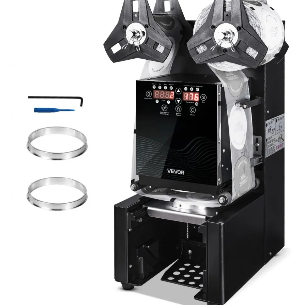 VEVOR Fully Automatic Cup Sealing Machine, 500-650 Cups/H, Cup Sealer Machine for 190 mm Tall & 90/95 mm Cup, Electric Tea Sealer with Digital Control LCD Panel for Bubble Milk Tea Coffee, Black