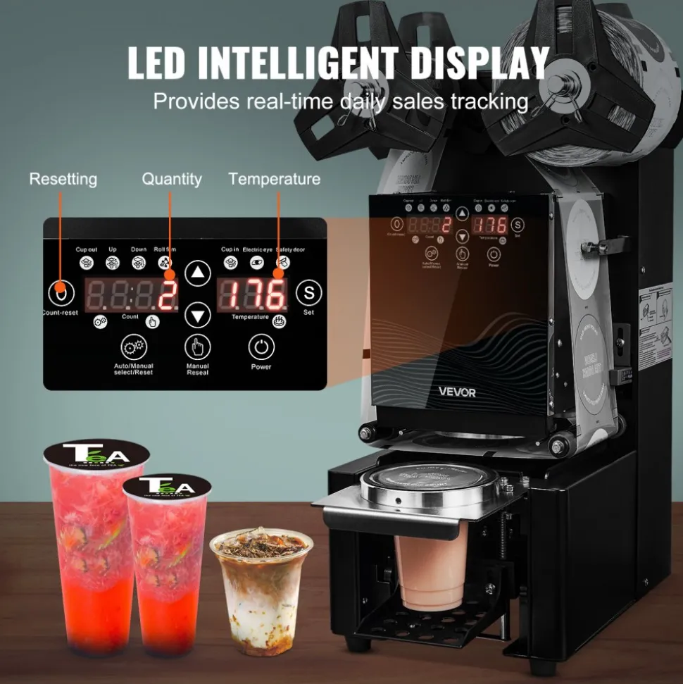 VEVOR Fully Automatic Cup Sealing Machine, 500-650 Cups/H, Cup Sealer Machine for 190 mm Tall & 90/95 mm Cup, Electric Tea Sealer with Digital Control LCD Panel for Bubble Milk Tea Coffee, Black