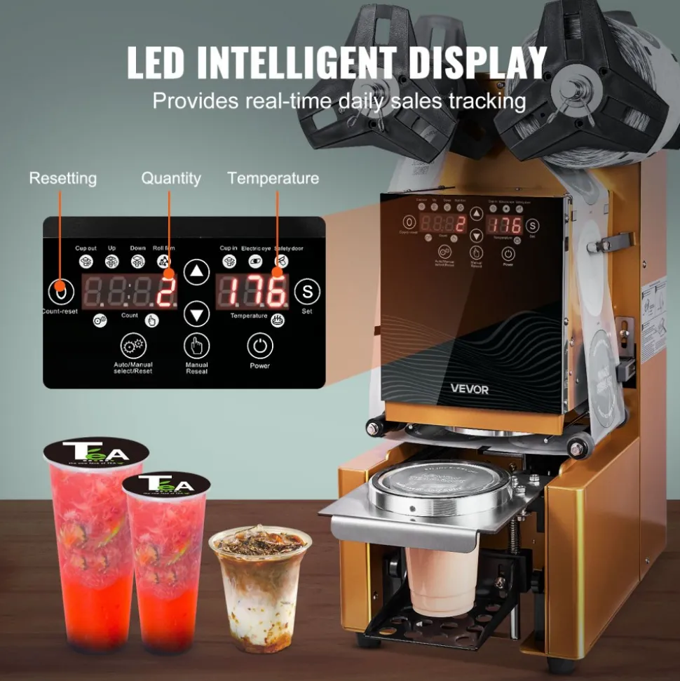VEVOR Fully Automatic Cup Sealing Machine, 500-650 Cups/H, Cup Sealer Machine for 190 mm Tall & 90/95 mm Cup, Electric Tea Sealer with Digital Control LCD Panel for Bubble Milk Tea Coffee, Gold