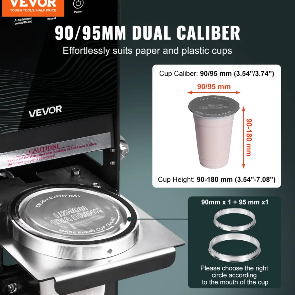 VEVOR Fully Automatic Cup Sealing Machine, 500-650 Cups/H, Cup Sealer Machine for 180 mm Tall & 90/95 mm Cup, Electric Tea Sealer with Digital Control LCD Panel for Bubble Milk Tea Coffee, Black