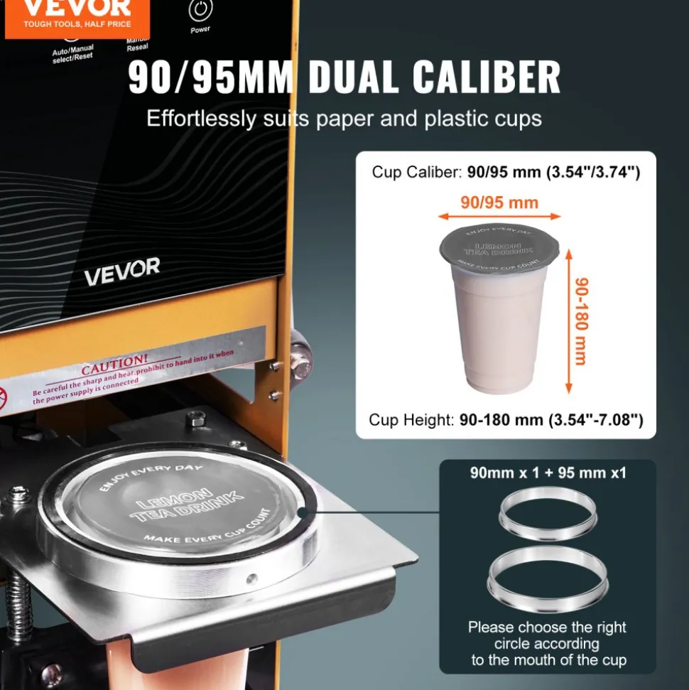 VEVOR Fully Automatic Cup Sealing Machine, 500-650 Cups/H, Cup Sealer Machine for 180 mm Tall & 90/95 mm Cup, Electric Boba Tea Sealer with Digital Control LCD Panel for Bubble Milk Tea Coffee, Gold