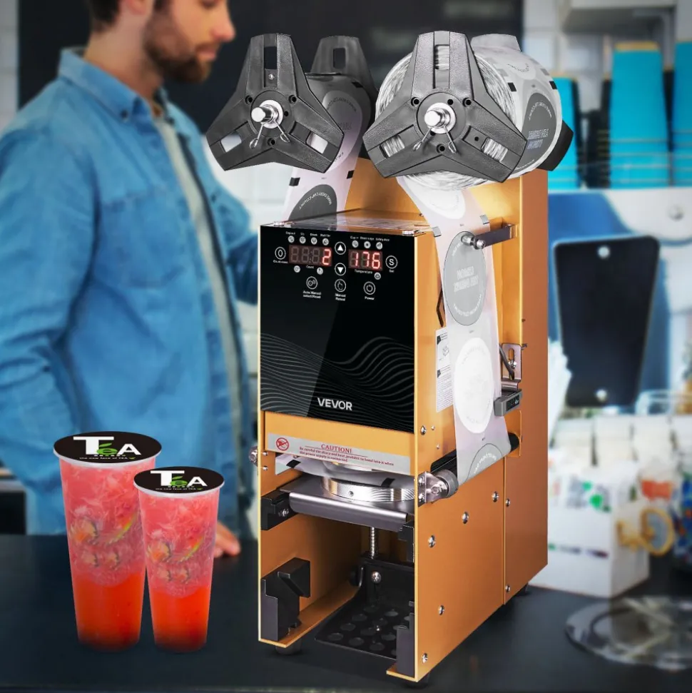 VEVOR Fully Automatic Cup Sealing Machine, 500-650 Cups/H, Cup Sealer Machine for 180 mm Tall & 90/95 mm Cup, Electric Boba Tea Sealer with Digital Control LCD Panel for Bubble Milk Tea Coffee, Gold