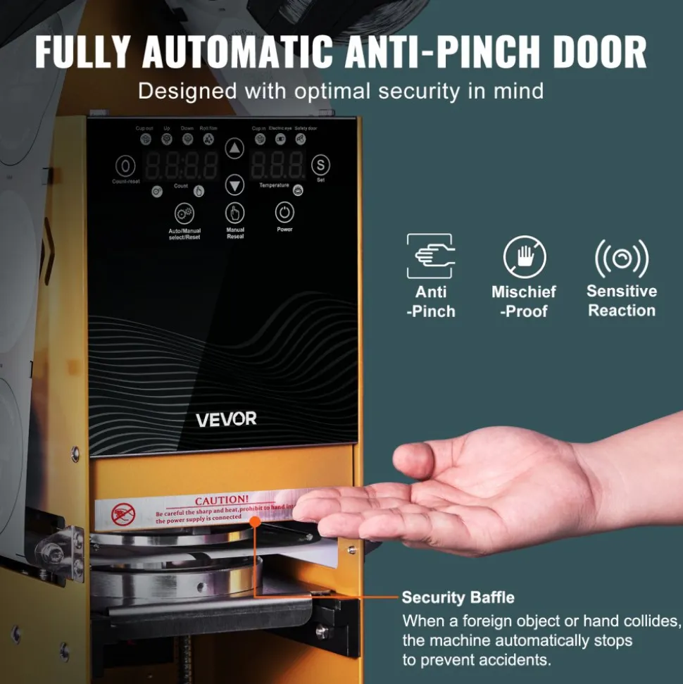 VEVOR Fully Automatic Cup Sealing Machine, 500-650 Cups/H, Cup Sealer Machine for 180 mm Tall & 90/95 mm Cup, Electric Boba Tea Sealer with Digital Control LCD Panel for Bubble Milk Tea Coffee, Gold