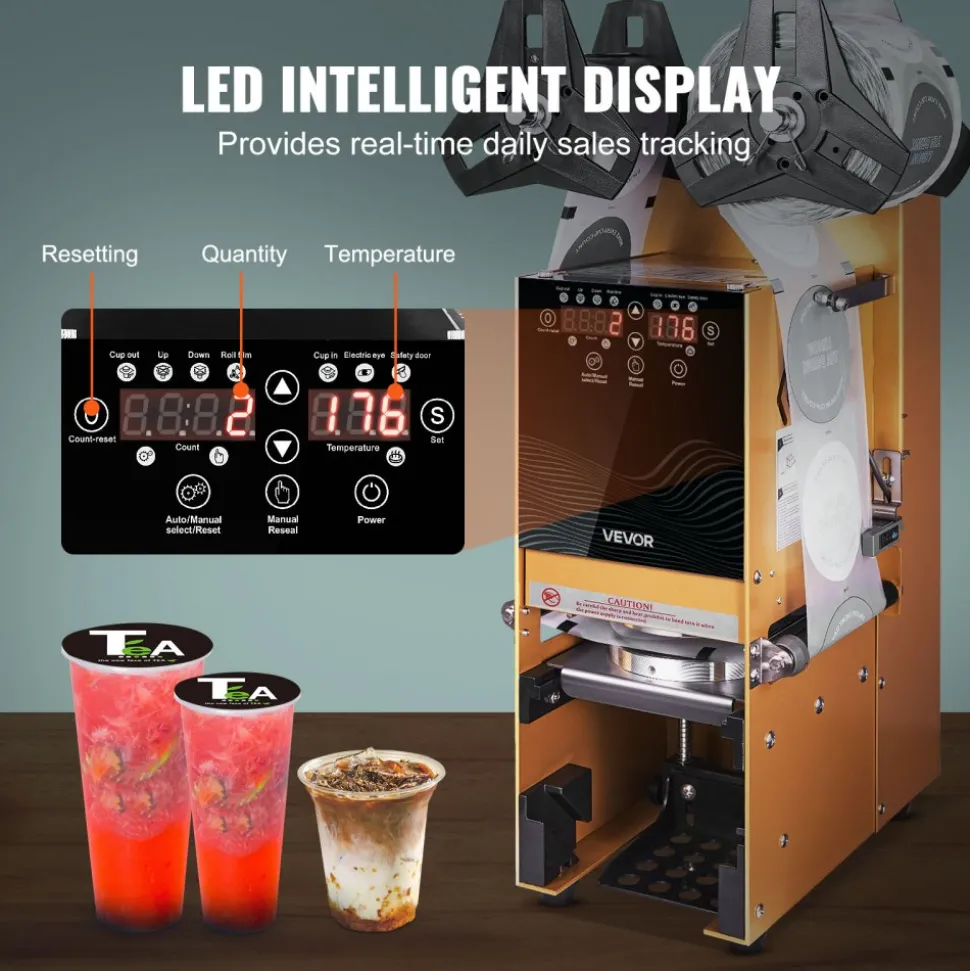 VEVOR Fully Automatic Cup Sealing Machine, 500-650 Cups/H, Cup Sealer Machine for 180 mm Tall & 90/95 mm Cup, Electric Boba Tea Sealer with Digital Control LCD Panel for Bubble Milk Tea Coffee, Gold