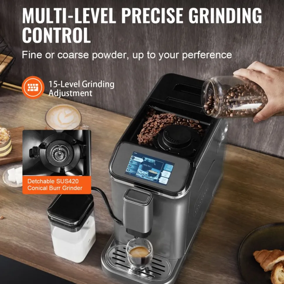VEVOR Fully Automatic Espresso Machine - with Automatic Milk Frother, 20 Bar Super-Automatic Cappuccino Latte Machine with TFT Touch Screen, Grinder, 15 Grinding Levels, and Removable Milk Reservoir