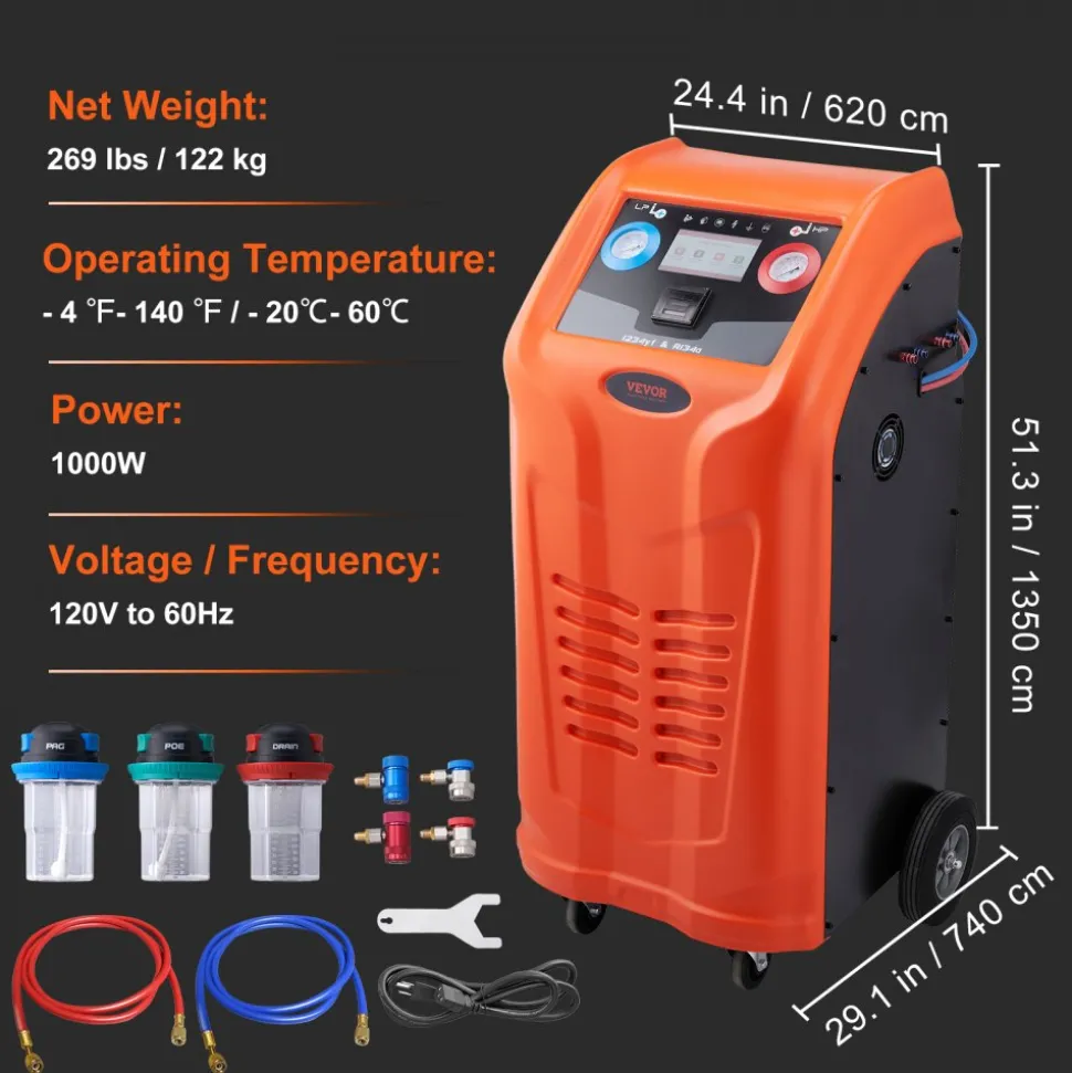 VEVOR Fully Automatic Refrigerant Recovery Machine for 1234yf, ≥98.5% Accuracy, 7-Inch Touch Screen, AC Recovery, Vacuum, and Recharging Machine for Standard and High Voltage Automotive A/C Systems