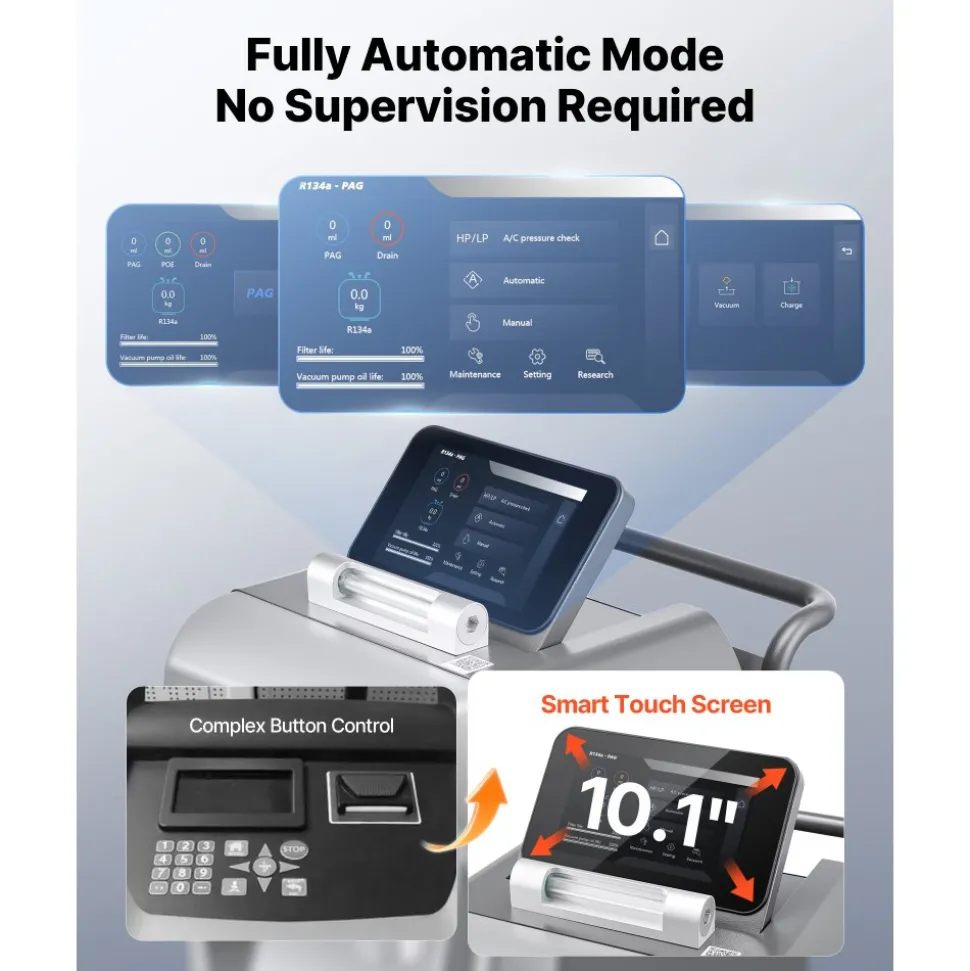 VEVOR Fully Automatic Refrigerant Recovery Machine for R134a, ≥98.5% Accuracy, 10.1-Inch Touch Screen, AC Recovery, Vacuum, Recharging and Flushing for Standard & High Voltage Automotive A/C Systems