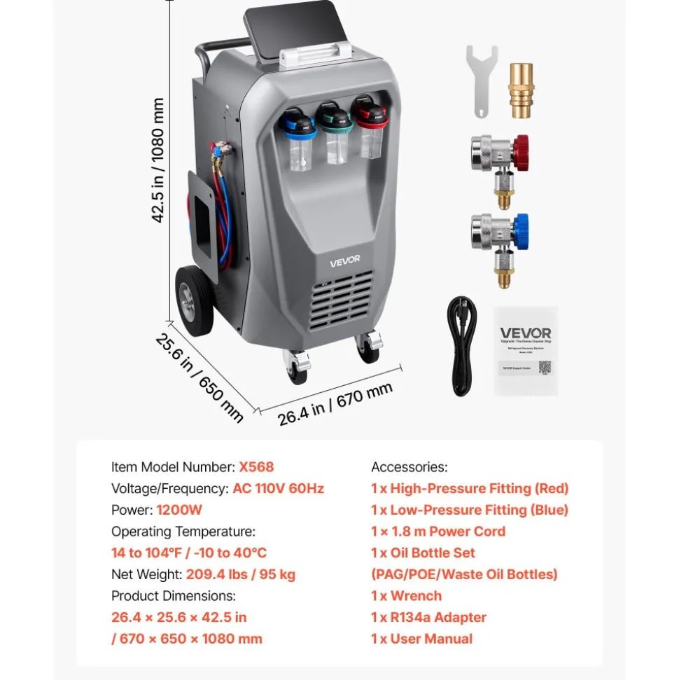 VEVOR Fully Automatic Refrigerant Recovery Machine for R134a, ≥98.5% Accuracy, 10.1-Inch Touch Screen, AC Recovery, Vacuum, Recharging and Flushing for Standard & High Voltage Automotive A/C Systems