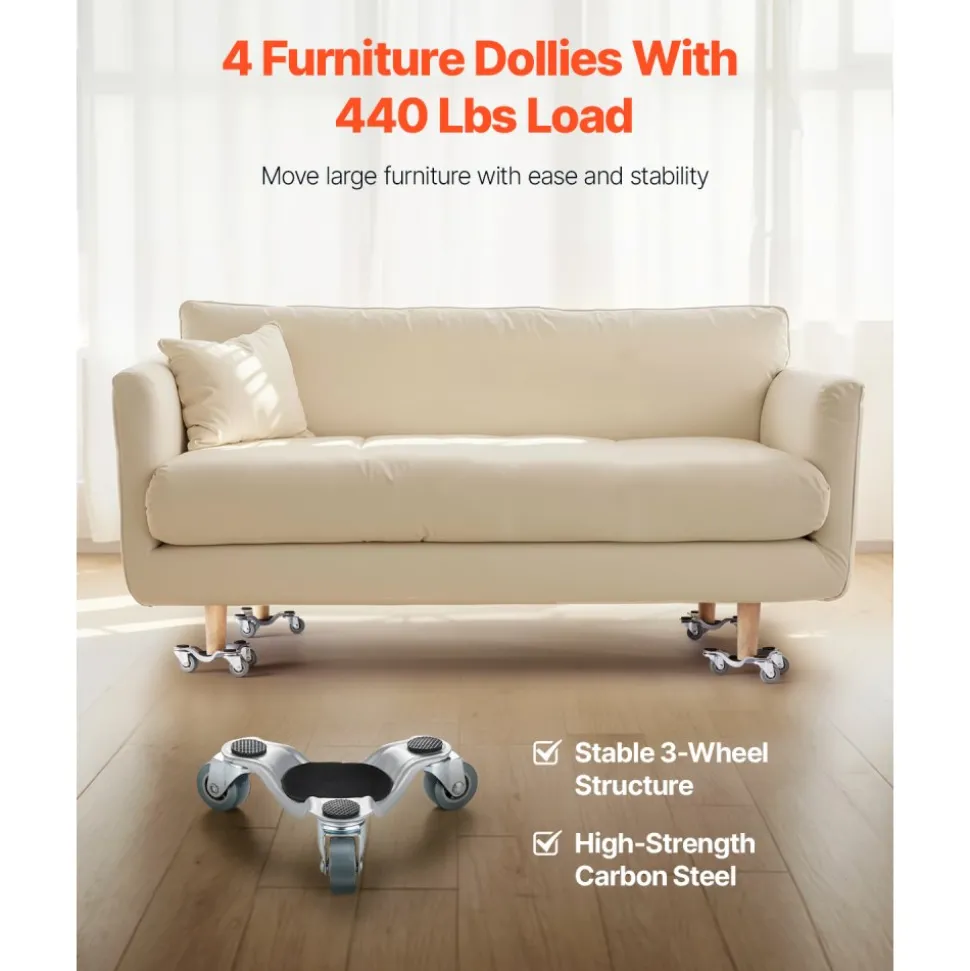 VEVOR Furniture Dolly, 440 lbs Load Capacity, 3 Wheel Steel 6.3" Tri-dolly Heavy Duty Mover with Triangle Swivel Caster, Carbon Steel Panel, Furniture Lift Mover Tool Set for Appliances, Sofa, Fridge