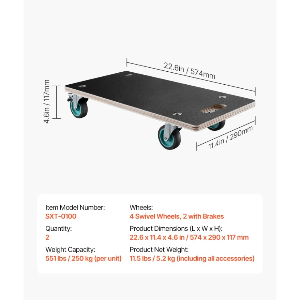 VEVOR Furniture Dolly, 551 lbs Load Capacity, Furniture Moving Dollies with 4 TPR Silent Wheels, Rectangle Multifunctional Flat Dolly for Piano Furniture Couch Washing Machine Fridge, 2 Pack, Black