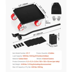 VEVOR Furniture Dolly, Maximum Load 1200 lbs, Heavy Duty Furniture Movers with 5 360° Rotation Wheels, Carbon Steel Panel, Furniture Lift Slider Tool Set for Appliances, Sofa, Fridge, Washing Machine