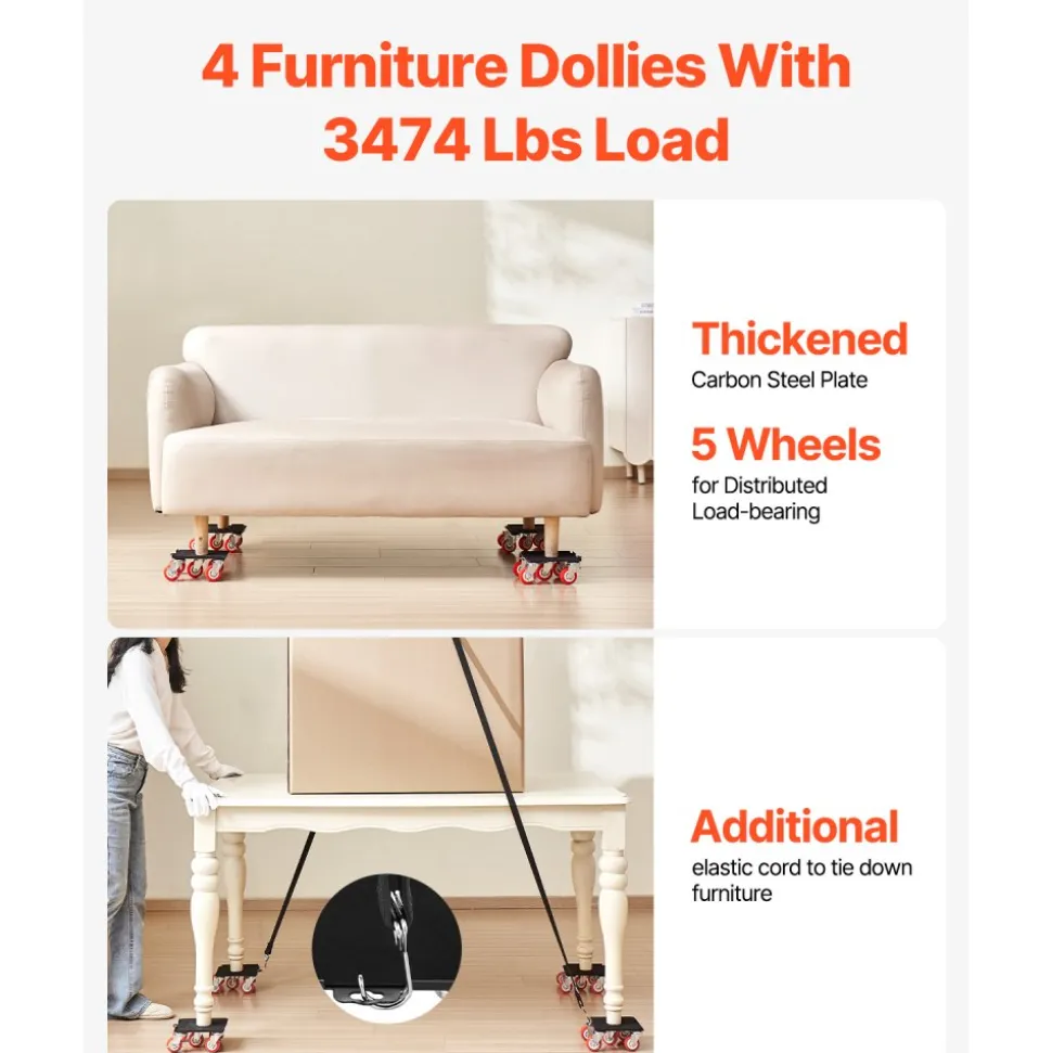 VEVOR Furniture Dolly, Maximum Load 3474 lbs, Heavy Duty Furniture Movers with 5 360° Rotation Wheels, Carbon Steel Panel, Furniture Lift Slider Tool Set for Appliances, Sofa, Fridge, Washing Machine