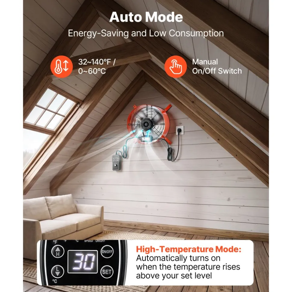 VEVOR Gable Mount Fan, 16 in Attic Vent Exhaust Fan 2940 CFM Thermostat, Cooling and Ventilation for Home, Garage, Warehouse, Workshop, Carbon Steel Housing with Mounting Brackets & Hardware, Orange
