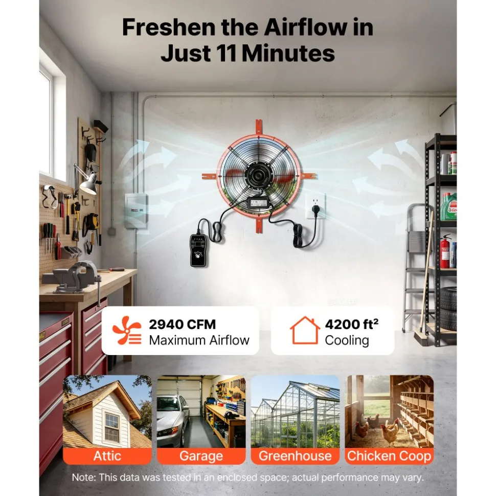 VEVOR Gable Mount Fan, 16 in Attic Vent Exhaust Fan 2940 CFM Thermostat, Cooling and Ventilation for Home, Garage, Warehouse, Workshop, Carbon Steel Housing with Mounting Brackets & Hardware, Orange