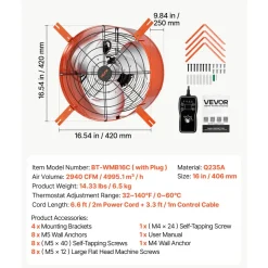 VEVOR Gable Mount Fan, 16 in Attic Vent Exhaust Fan 2940 CFM Thermostat, Cooling and Ventilation for Home, Garage, Warehouse, Workshop, Carbon Steel Housing with Mounting Brackets & Hardware, Orange