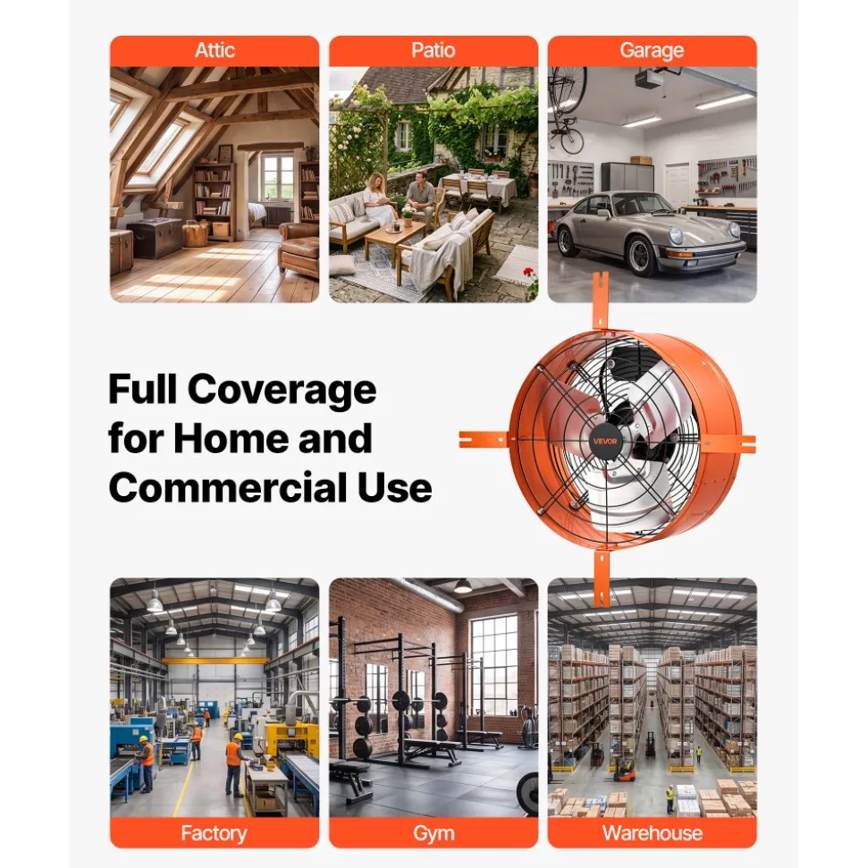 VEVOR Gable Mount Fan, 16 in Attic Vent Exhaust Fan 1945 CFM Thermostat, Cooling and Ventilation for Home, Garage, Warehouse, Workshop, Carbon Steel Housing with Mounting Brackets & Hardware, Orange