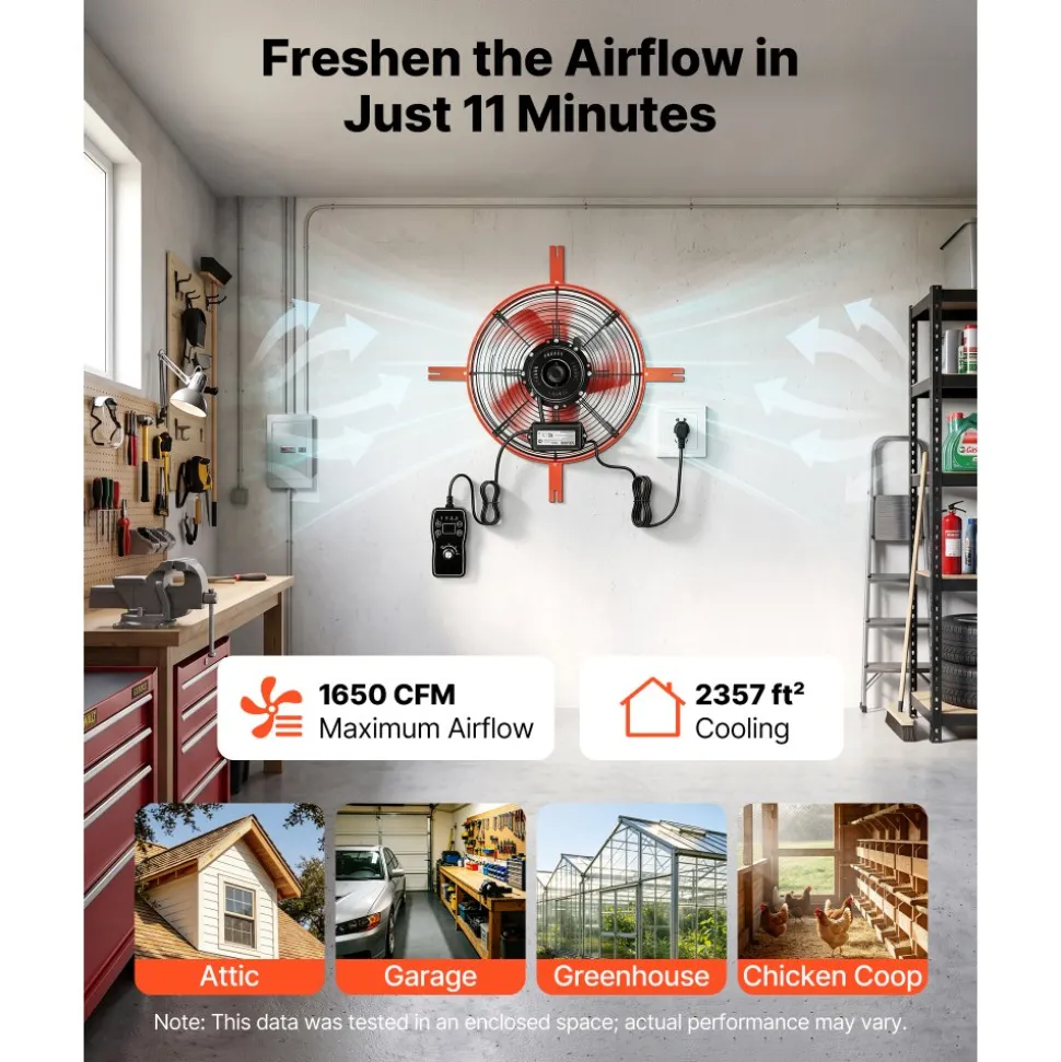 VEVOR Gable Mount Fan, 16 in Attic Vent Exhaust Fan 1945 CFM Thermostat, Cooling and Ventilation for Home, Garage, Warehouse, Workshop, Carbon Steel Housing with Mounting Brackets & Hardware, Orange