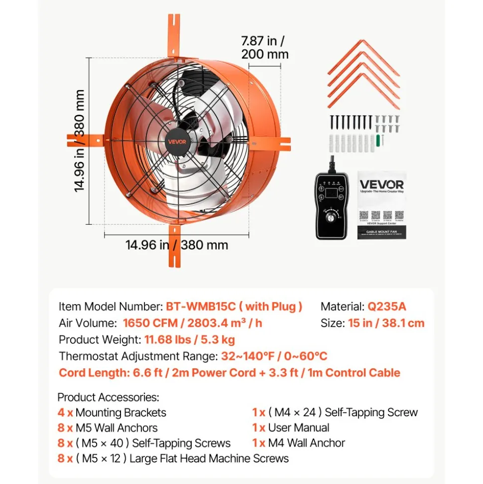 VEVOR Gable Mount Fan, 16 in Attic Vent Exhaust Fan 1945 CFM Thermostat, Cooling and Ventilation for Home, Garage, Warehouse, Workshop, Carbon Steel Housing with Mounting Brackets & Hardware, Orange