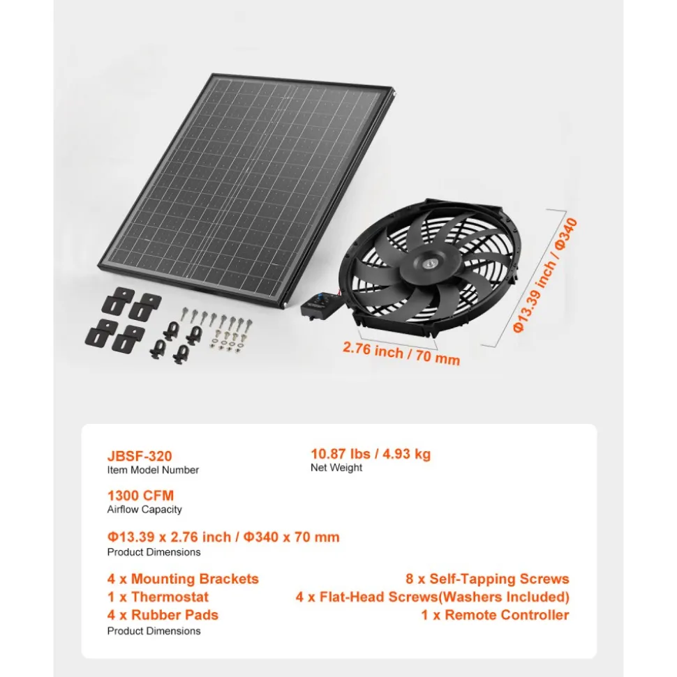 VEVOR Gable Mount Fan, 12 Inch Solar Power Attic Exhaust Fan with Adjustable Thermostat & Outer Mesh, 1300 CFM House Ventilator Cools Up to 1850 Sq.Ft, Quiet Ventilation for Roof, Garage, Shop, Black