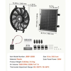 VEVOR Gable Mount Fan, 12 inch Solar-Powered Attic Vent Exhaust Fan Black, 1300 CFM Cooling & Ventilation for Roof, Greenhouse, Garage, Shop, with Thermostat & Mounting Brackets, Lightweight PP