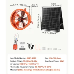 VEVOR Gable Mount Fan, 12 inch Solar Attic Vent Exhaust Fan Carbon Steel, 900 CFM Cooling and Ventilation for Roof, Greenhouse, Garage, Shop, Small Spaces, with Thermostat and Power Adapter, Orange