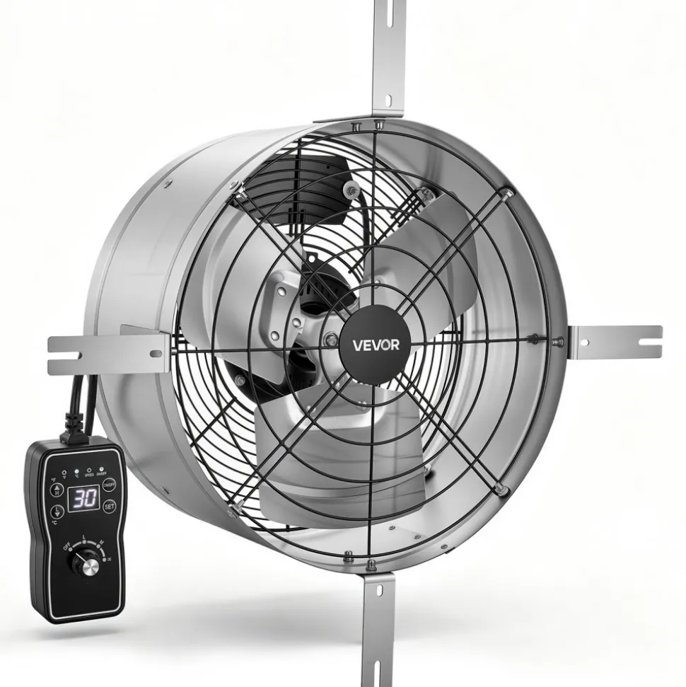VEVOR Gable Mount Fan, 15 in Gable Attic Vent Exhaust Fan with Thermostat, 1300 CFM Cooling and Ventilation for Home, Garage, Warehouses, Workshops, Carbon Steel Housing with Mounting Bracket, Silver