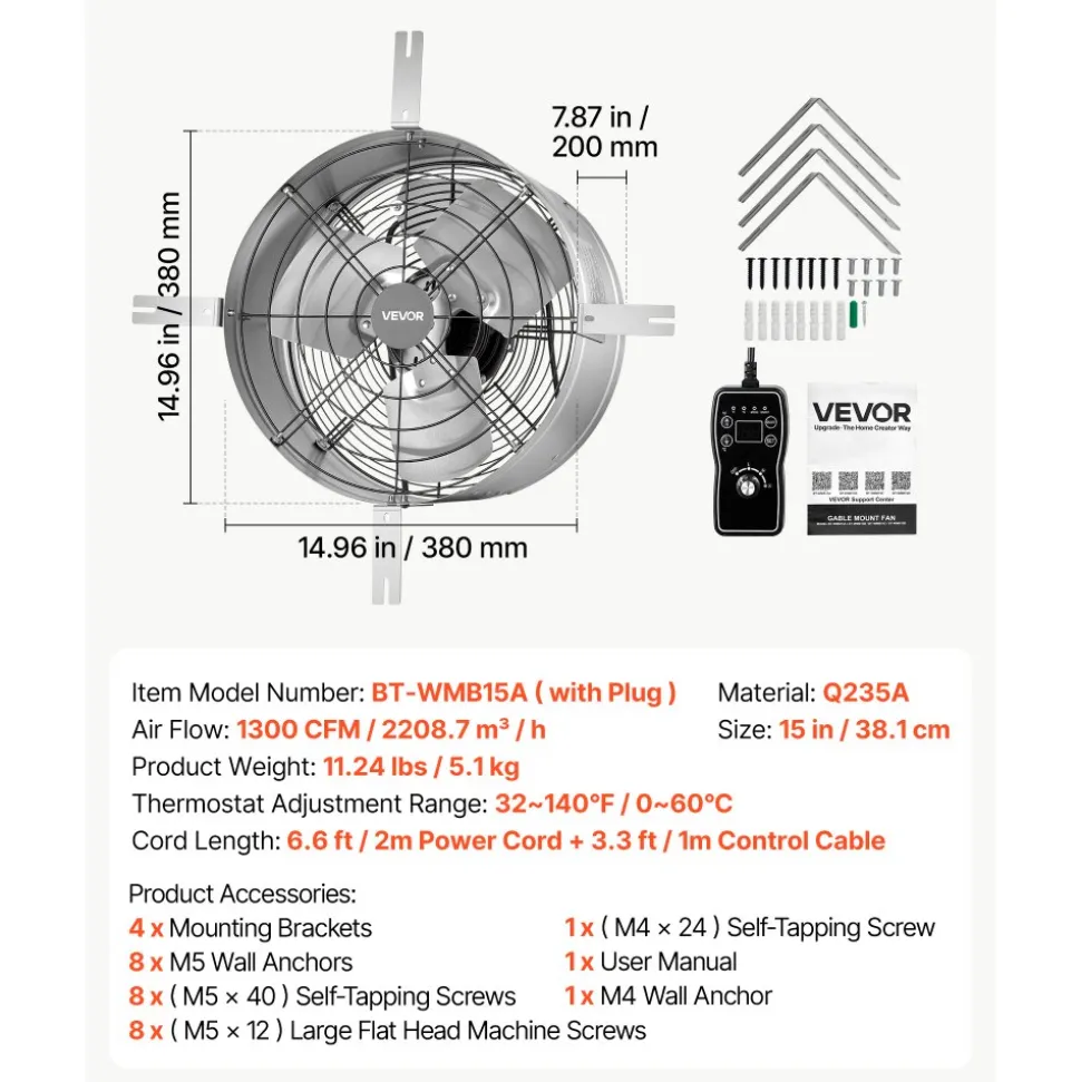 VEVOR Gable Mount Fan, 15 in Gable Attic Vent Exhaust Fan with Thermostat, 1300 CFM Cooling and Ventilation for Home, Garage, Warehouses, Workshops, Carbon Steel Housing with Mounting Bracket, Silver