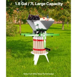 VEVOR 1.8 Gal/7L Fruit and Apple Crusher, Large Manual Grinder, Stainless Steel Fruit Scratter Pulper for Wine Cider Apple Grape Pressing, with Roller Handle for Kitchen Home, Green