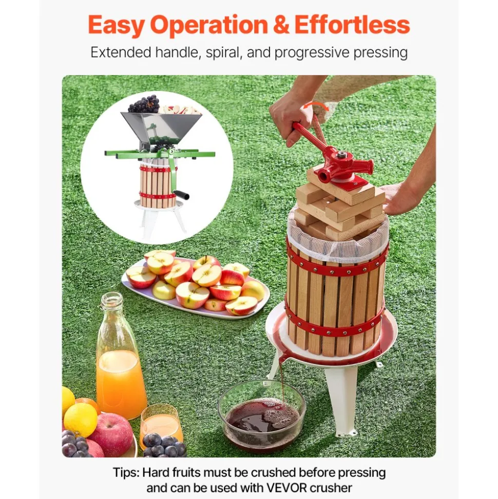 VEVOR 1.6 Gal/6L Fruit Wine Press, Solid Wood Basket with 8 Blocks, Heavy Duty Manual Juice Maker, Cider Apple Grape Tincture Honey Olive Oil Making Press with Handle for Kitchen, Home