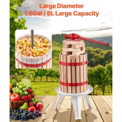 VEVOR 1.6 Gal/6L Fruit Wine Press, Solid Wood Basket with 8 Blocks, Heavy Duty Manual Juice Maker, Cider Apple Grape Tincture Honey Olive Oil Making Press with Handle for Kitchen, Home