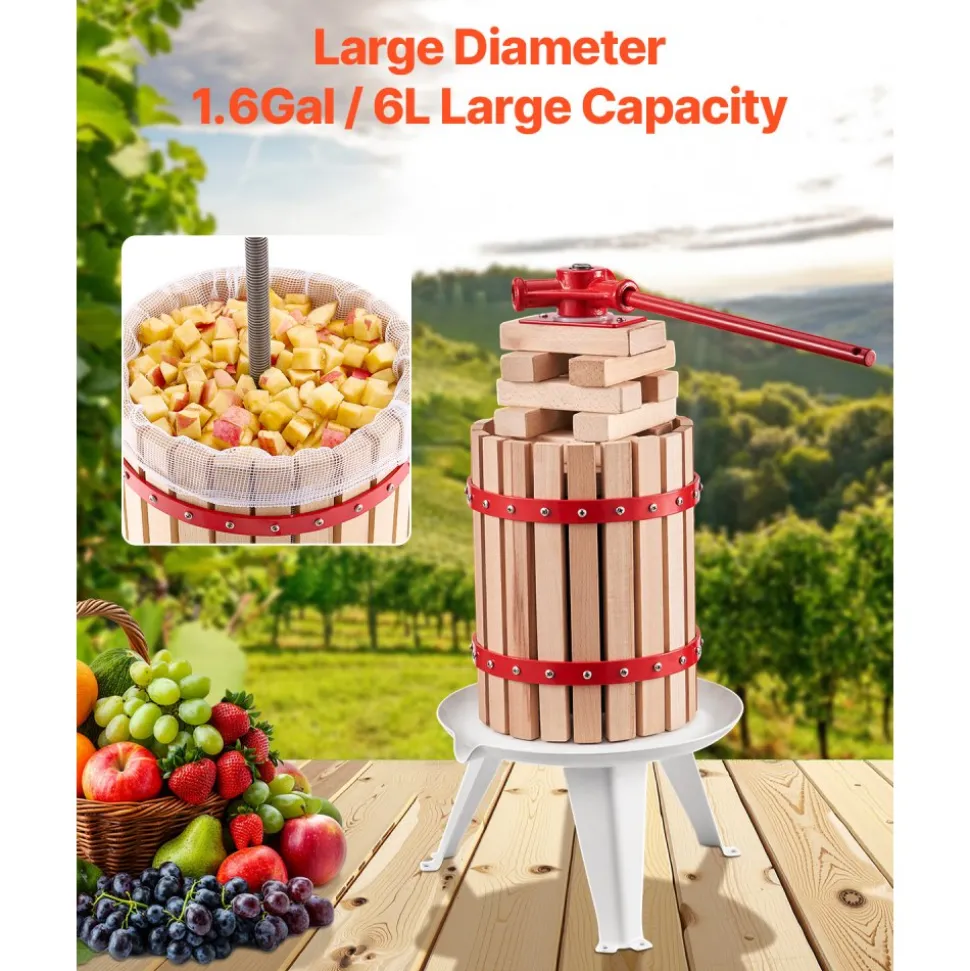 VEVOR 1.6 Gal/6L Fruit Wine Press, Solid Wood Basket with 8 Blocks, Heavy Duty Manual Juice Maker, Cider Apple Grape Tincture Honey Olive Oil Making Press with Handle for Kitchen, Home