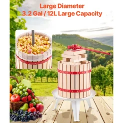 VEVOR 3.2 Gal/12L Fruit Wine Press, Solid Wood Basket with 8 Blocks, Heavy Duty Manual Juice Maker, Cider Apple Grape Tincture Honey Olive Oil Making Press with Handle for Kitchen, Home