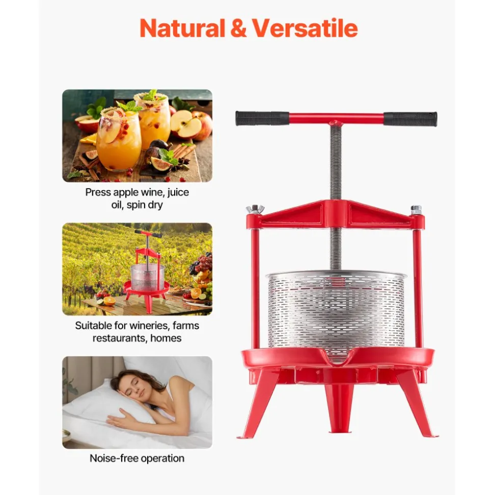 VEVOR 2.38 Gal/9L Fruit Wine Press, Stainless Steel Basket with Cross-beam and Triangular Structure, Manual Juice Maker, Cider Apple Grape Tincture Making Press with T-Handle for Kitchen Home