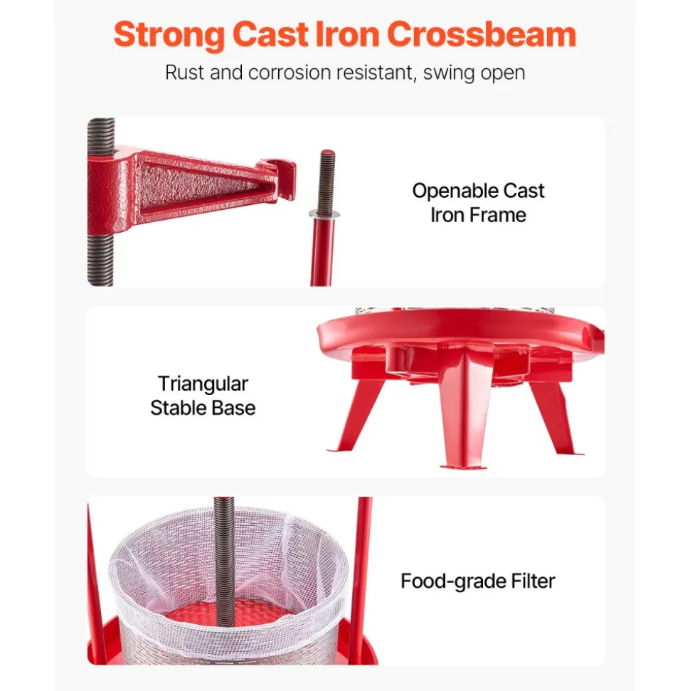 VEVOR 2.38 Gal/9L Fruit Wine Press, Stainless Steel Basket with Cross-beam and Triangular Structure, Manual Juice Maker, Cider Apple Grape Tincture Making Press with T-Handle for Kitchen Home