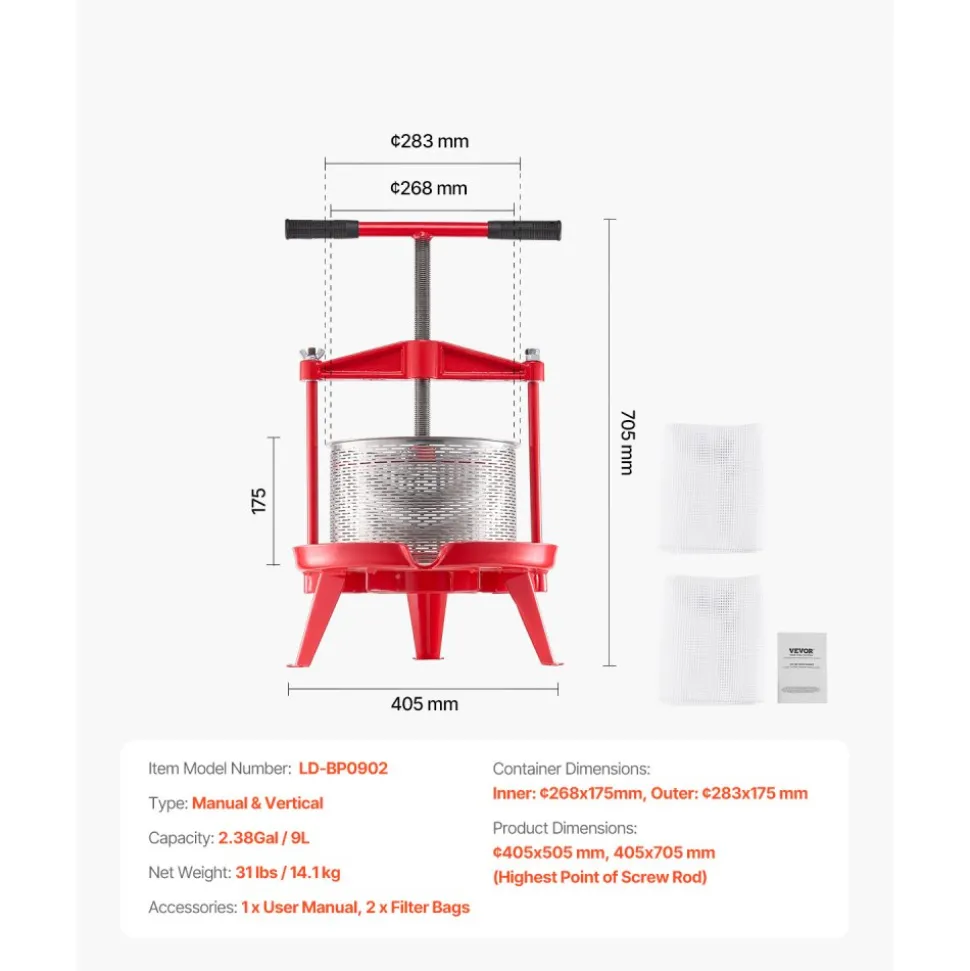 VEVOR 2.38 Gal/9L Fruit Wine Press, Stainless Steel Basket with Cross-beam and Triangular Structure, Manual Juice Maker, Cider Apple Grape Tincture Making Press with T-Handle for Kitchen Home