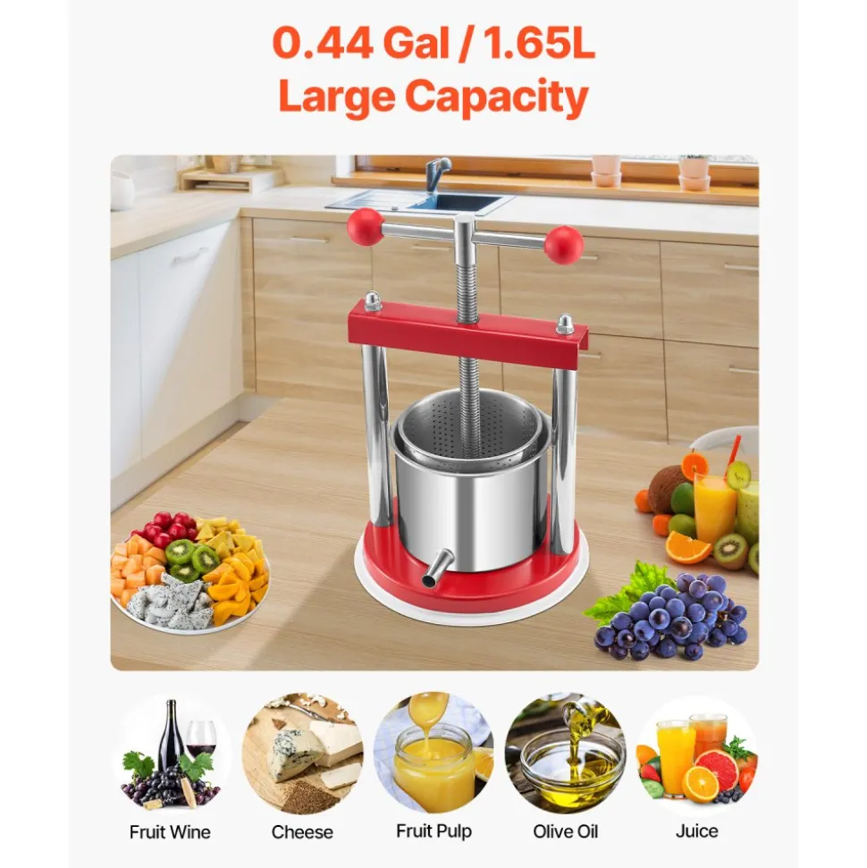 VEVOR 0.44 Gal/1.65L Fruit Wine Press, 2 Stainless Steel Barrels, Manual Juice Maker, Cider Apple Grape Tincture Honey Olive Oil Making Press with T-Handle for Outdoor Kitchen Home