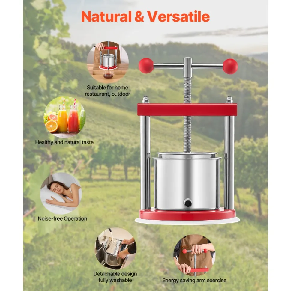VEVOR 0.44 Gal/1.65L Fruit Wine Press, 2 Stainless Steel Barrels, Manual Juice Maker, Cider Apple Grape Tincture Honey Olive Oil Making Press with T-Handle for Outdoor Kitchen Home