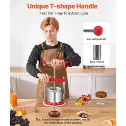 VEVOR 0.44 Gal/1.65L Fruit Wine Press, 2 Stainless Steel Barrels, Manual Juice Maker, Cider Apple Grape Tincture Honey Olive Oil Making Press with T-Handle for Outdoor Kitchen Home