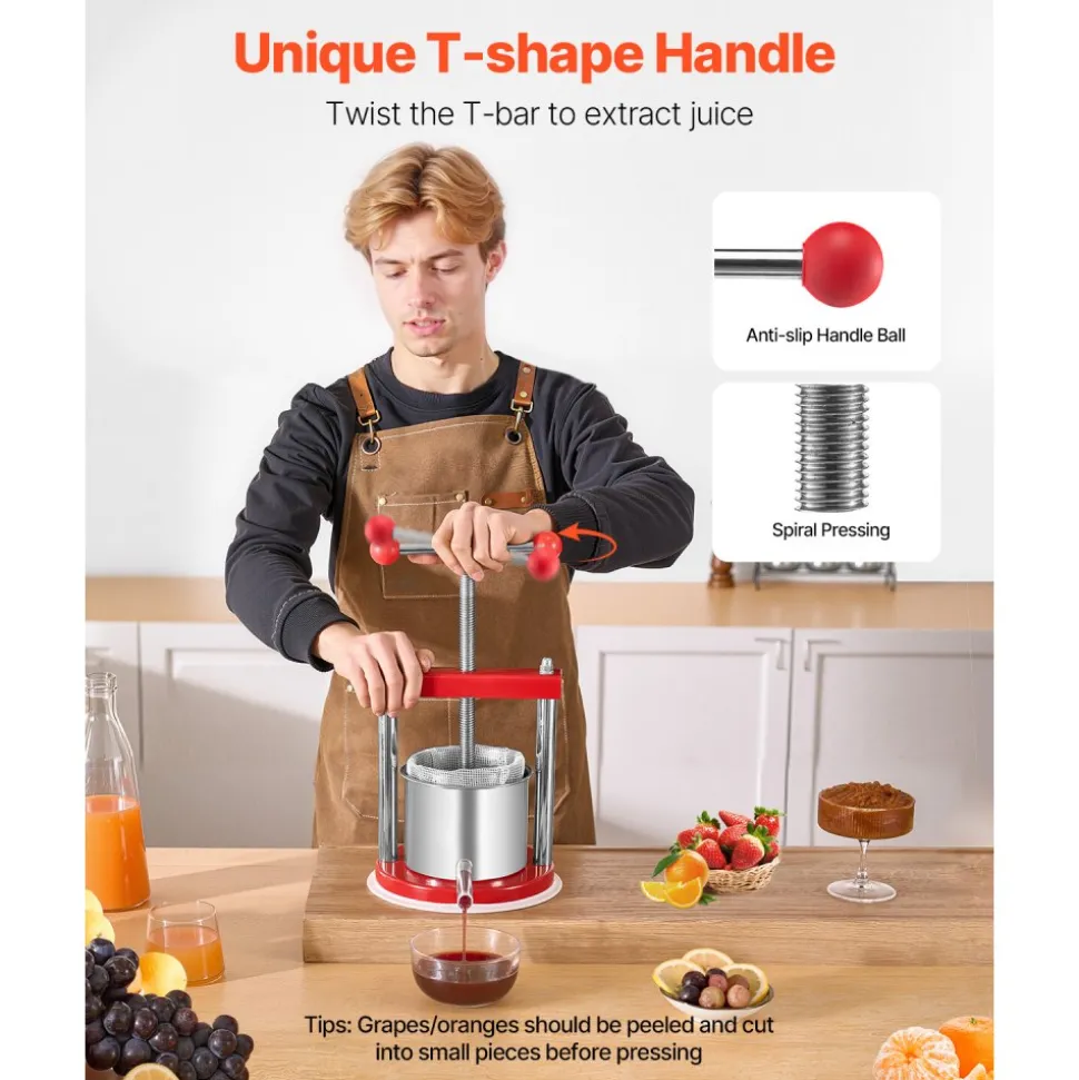 VEVOR 0.44 Gal/1.65L Fruit Wine Press, 2 Stainless Steel Barrels, Manual Juice Maker, Cider Apple Grape Tincture Honey Olive Oil Making Press with T-Handle for Outdoor Kitchen Home