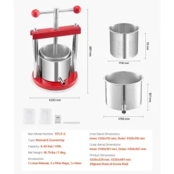 VEVOR 0.44 Gal/1.65L Fruit Wine Press, 2 Stainless Steel Barrels, Manual Juice Maker, Cider Apple Grape Tincture Honey Olive Oil Making Press with T-Handle for Outdoor Kitchen Home