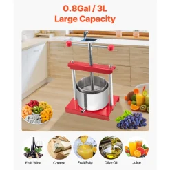 VEVOR 0.8 Gal/3L Fruit Wine Press, 2 Stainless Steel Barrels, Manual Juice Maker, Cider Apple Grape Tincture Honey Olive Oil Making Press with T-Handle for Outdoor Kitchen Home