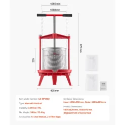 VEVOR 3.69 Gal/14L Fruit Wine Press, Stainless Steel Basket with Cross-beam and Triangular Structure, Manual Juice Maker, Cider Apple Grape Tincture Making Press with T-Handle for Kitchen Home