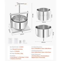 VEVOR 3.17 Gal/12L Fruit Wine Press, 2 Stainless Steel Barrels, Manual Juice Maker, Cider Apple Grape Tincture Honey Olive Oil Making Press with Triangular Handle for Outdoor Kitchen Home