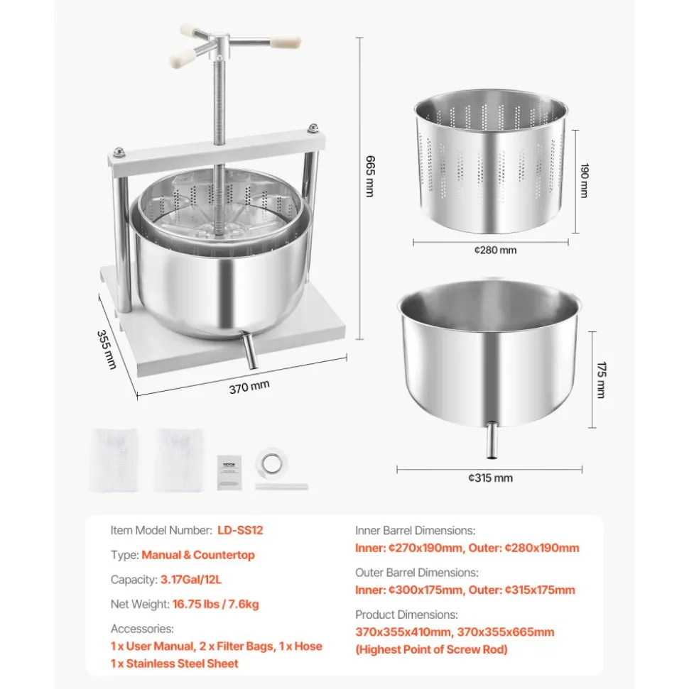 VEVOR 3.17 Gal/12L Fruit Wine Press, 2 Stainless Steel Barrels, Manual Juice Maker, Cider Apple Grape Tincture Honey Olive Oil Making Press with Triangular Handle for Outdoor Kitchen Home