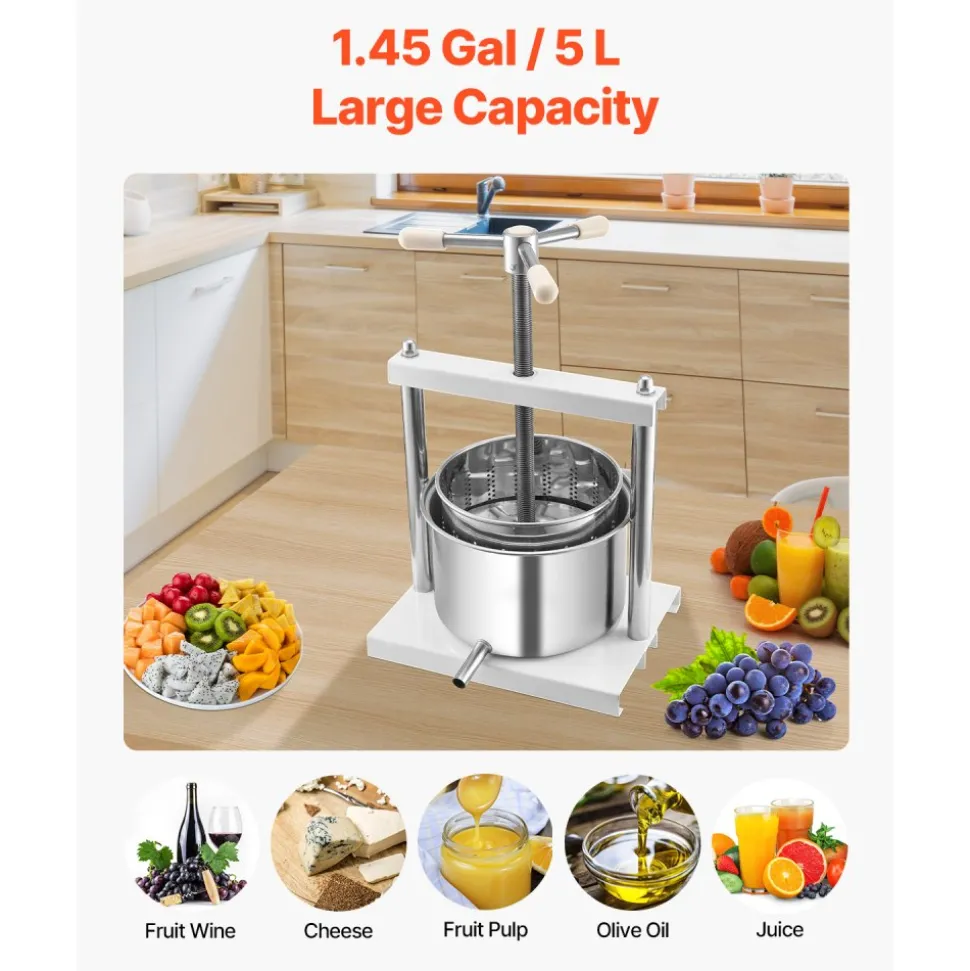 VEVOR 1.45 Gal/5L Fruit Wine Press, 2 Stainless Steel Barrels, Manual Juice Maker, Cider Apple Grape Tincture Honey Olive Oil Making Press with Triangular Handle for Outdoor Kitchen Home