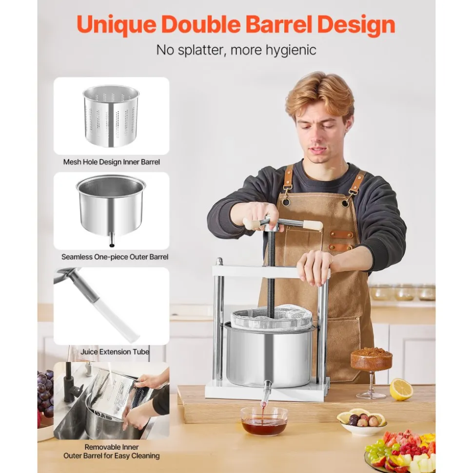VEVOR 1.45 Gal/5L Fruit Wine Press, 2 Stainless Steel Barrels, Manual Juice Maker, Cider Apple Grape Tincture Honey Olive Oil Making Press with Triangular Handle for Outdoor Kitchen Home