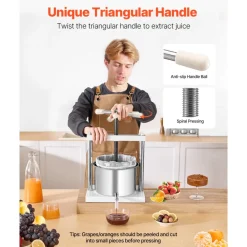 VEVOR 1.45 Gal/5L Fruit Wine Press, 2 Stainless Steel Barrels, Manual Juice Maker, Cider Apple Grape Tincture Honey Olive Oil Making Press with Triangular Handle for Outdoor Kitchen Home